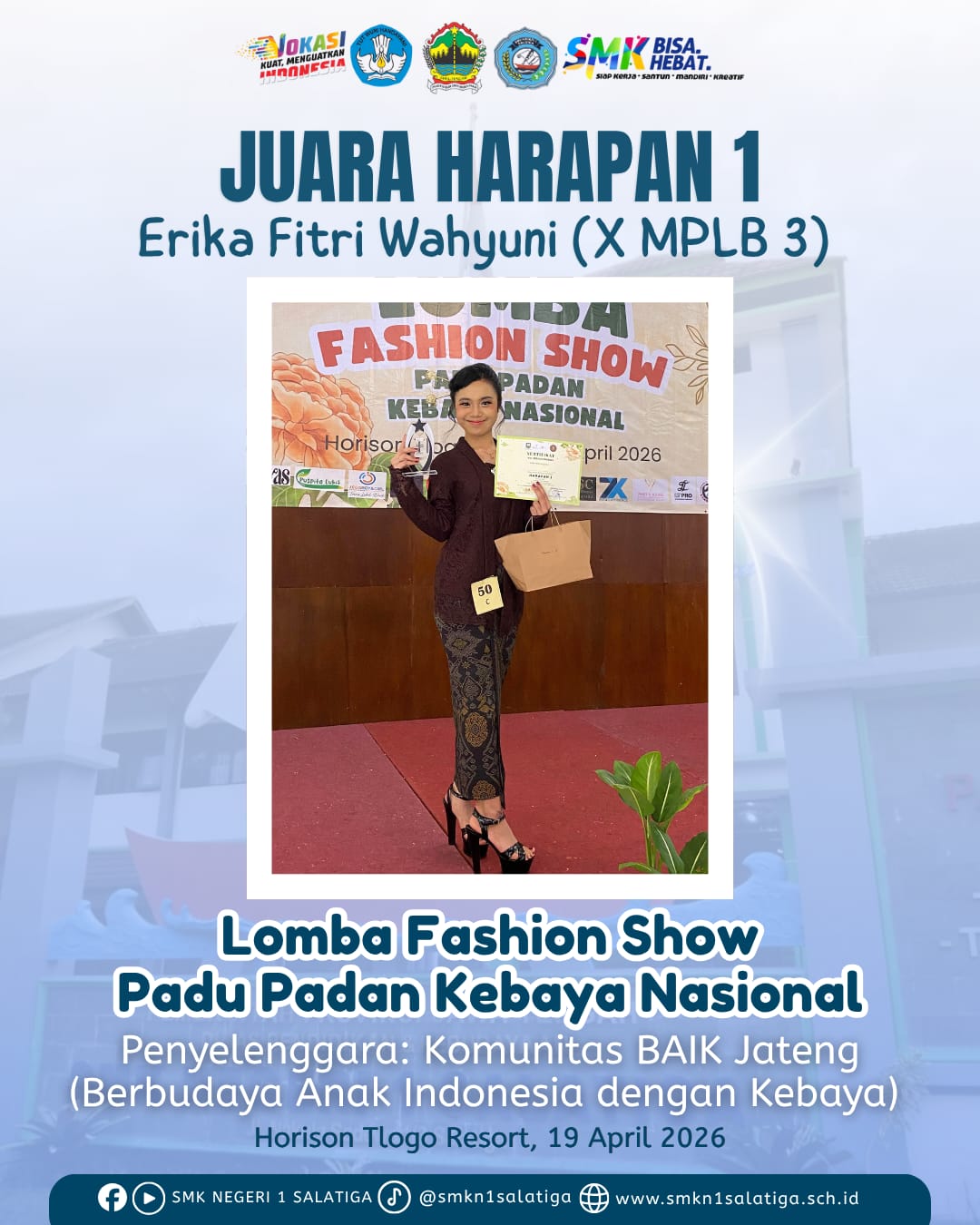 Erika Fitri Wahyuni Raih Juara Harapan 1 dalam Lomba Fashion Show Kebaya Nasional